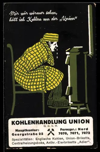 AK Hannover, Kohlenhandlung Union GmbH, Georgstrasse 25, Erkälteter Mann mit Decke vor dem Ofen