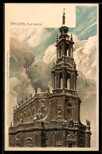 Künstler-Lithographie Paul Hey: Dresden, Darstellung der Hofkirche