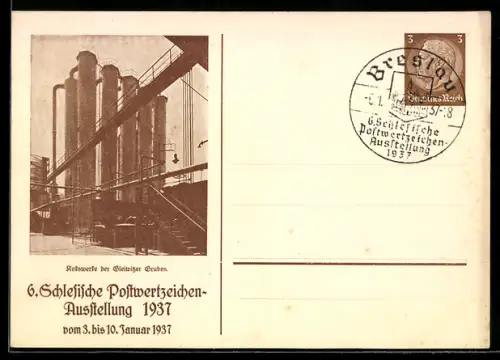 AK Breslau, 6. Schlesische Postwertzeichen-Ausstellung 1937, Kokswerke der Gleiwitzer Gruben, Ganzsache