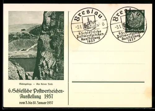 AK Breslau, Am kleinen Teich, 6. Schlesische Postwertzeichen-Ausstellung 1937, Ganzsache