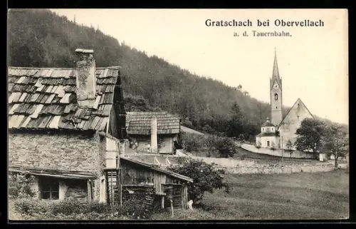 AK Obervellach, Gratschach, Teilansicht des Ortes mit Kirche