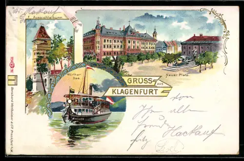 Lithographie Klagenfurt, Neuer Platz Dampfer auf dem Wörthersee, Aussichtsturm