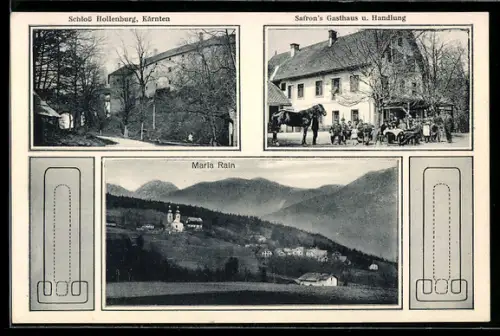 AK Maria Rain, Totalansicht, Schloss Hollenburg in Kärnten, Safron`s Gasthaus u. Geschäft