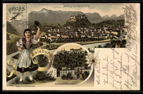 Lithographie Salzburg, Kapitelschwemme und Festung, Blick vom Kapuzinerberg auf die Stadt, Frau in Tracht