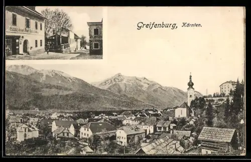 AK Greifenburg, Strassenpartie mit Geschäft, Panorama