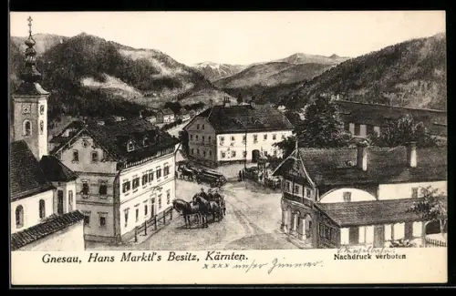 Künstler-AK Gnesau /Kärnten, Hans Markt`s Besitz, Kirche