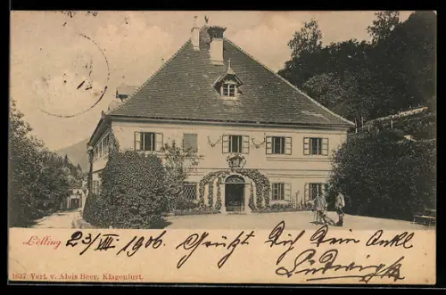 AK Lölling, Zwei Jäger mit Hund vor einem Gasthaus