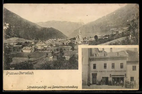 AK Obervellach, Schneidergeschäft und Gemischtwarenhandlung, Ortsansicht mit Kirche