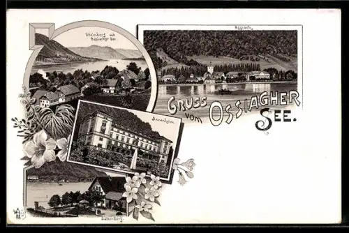 Lithographie Ossiach, Hotel Annenheim, Ortsansicht vom Ossiacher See her, Sattendorf