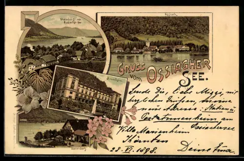Lithographie Ossiach, Annenheim, Steindorf mit Ossiacher See, Sattendorf