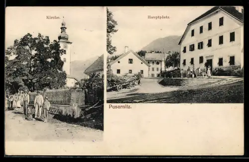 AK Lurnfeld, Pusarnitz, Kirche, Hauptplatz mit Personengruppe