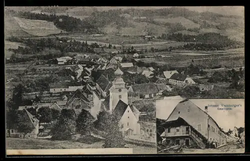 AK Reichenfels im Lavanttal, Johann Weinberger`s Gasthaus, Kirche aus der Vogelschau