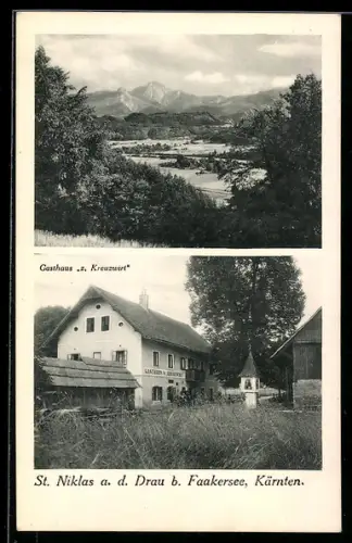 AK Villach, St. Niklas a. d. Drau, Gasthaus z. Kreuzwirt, Landschaftspanorama