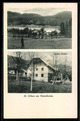 AK St. Urban am Ossiachersee, Gasthaus Nindler, Ortsansicht