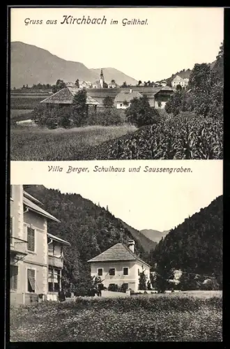 AK Kirchbach im Gailthal, Villa Berger, Schulhaus und Saussengraben