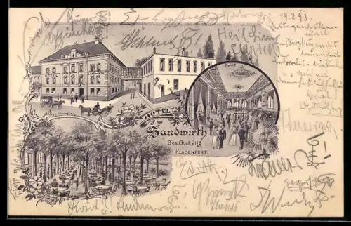 Lithographie Klagenfurt, Hotel Landwirth, Bes. Gust. Jilg, Aussenansicht, Saal und Gartenbereich