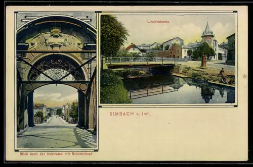 AK Simbach a. Inn, Innstrasse mit Brückenkopf, Lindenstrasse