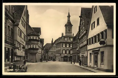 AK Aalen, Bäckerei Widmann, Café Ammann und Apotheke am Marktplatz, Strassenansicht