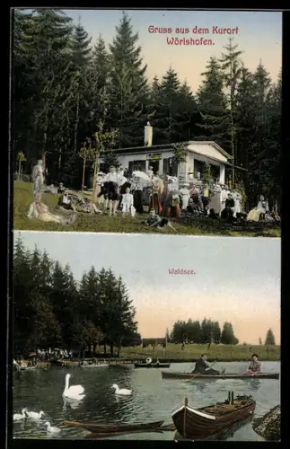 AK Wörishofen, Sommerleben auf der Wiese, Waldhaus, Waldsee, Ruderboote