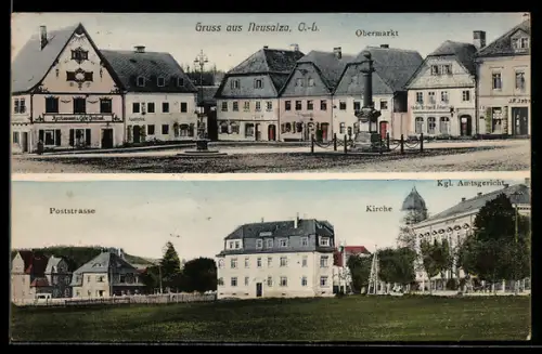 AK Neusalza /O.-b., Partie am Obermarkt, Poststrasse und Königliches Amtsgericht