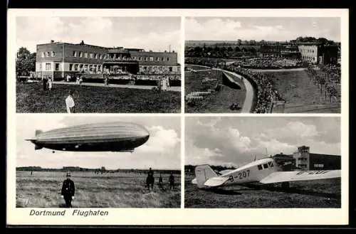 AK Dortmund, Flughafen mit Gebäude, Landeplatz, Flugzeug und Zeppelin