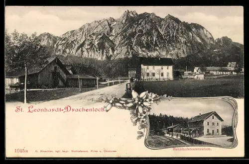AK Grödig, St. Leonhardt-Drachenloch, Bahnhofsrestaurant mit Passagieren, Ortsansicht