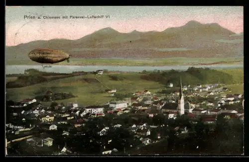 AK Prien a. Chiemsee, Zeppelin Parseval VI über dem Ort