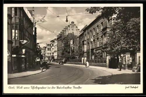 AK Kiel, Blick vom Schlossgarten in die Brunswiker Strasse, 