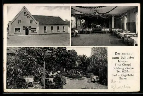 AK Duisburg-Rahm, Restaurant zum Schuster, Inhaber Fritz Chargé, Aussen- und Innenansicht, Saal mit -Fahne