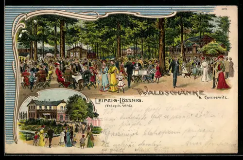 Lithographie Leipzig-Lösnig, Gasthaus Waldschänke mit Gartenlokal
