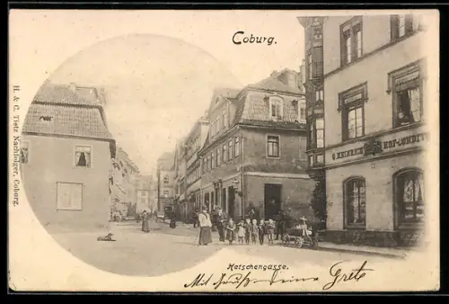 AK Coburg, Strasse Hetschengasse mit Konditorei G. Heinrich
