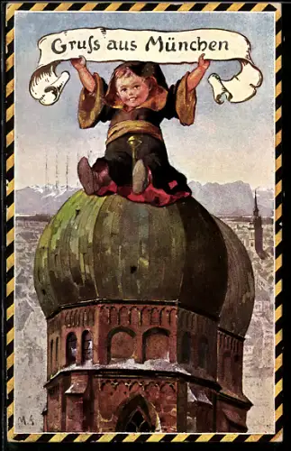 Künstler-AK München, Münchner Kindl auf dem Dach der Frauenkirche