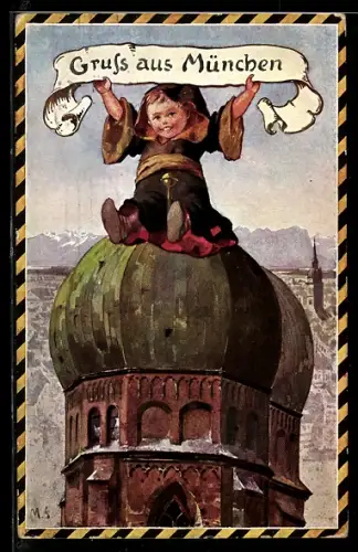 Künstler-AK München, Münchner Kindl auf dem Dach der Frauenkirche