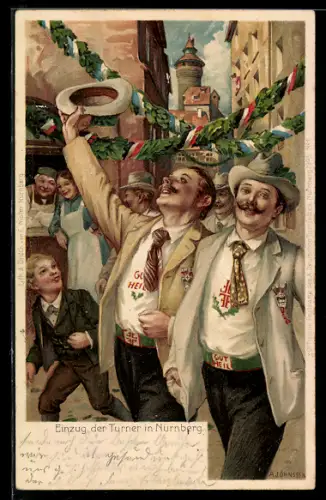 Lithographie Nürnberg, Einzug der Turner, X. Deutsches Turnfest 1903