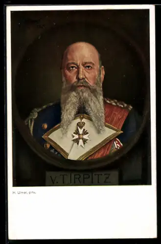 Künstler-AK H. Ulmer: Grossadmiral Alfred von Tirpitz in Uniform und Zitat