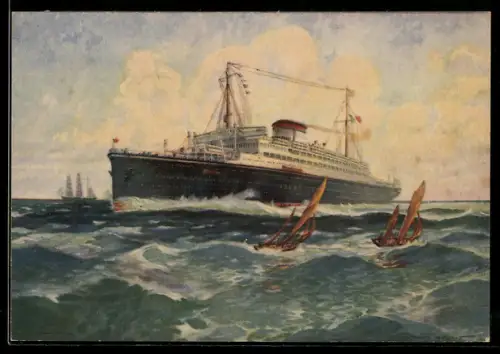 AK Italienisches Passagierschiff M.S. Saturnia bei stürmischer See
