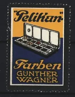 Reklamemarke Pelikan-Farben, Günther Wagner, Farbkasten