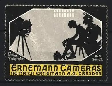 Reklamemarke Dresden, Ernemann Cameras, Kriminal-Photographie-Szene