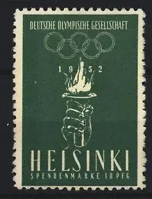 Reklamemarke Helsinki, Deutsche Olympische Gesellschaft 1952, Olympische Ringe und Fackel