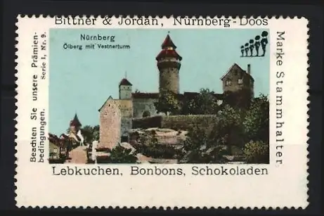 Reklamemarke Nürnberg, Lebkuchen, Bonbons, Schokoladen, Ölberg mit Vestnertur