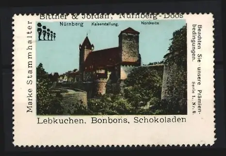 Reklamemarke Nürnberg, Kaiserstallung von der Nordseite, Lebkuchen, Bonbons, Schokoladen