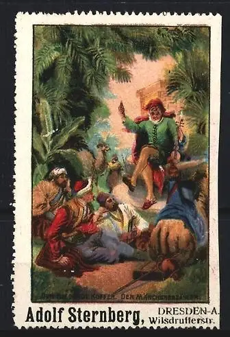 Reklamemarke Dresden, Adolf Sternberg, Wilsdrufferstrasse, Der Fliegende Koffer