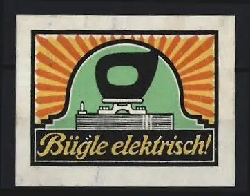 Reklamemarke Elektrisches Bügeleisen, Bügeleisen mit Sonnenstrahlen