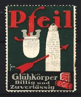 Reklamemarke Pfeil Glühkörper, Roter Pfeil und Glühkörper
