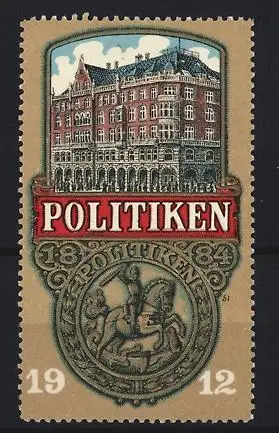 Reklamemarke Kopenhagen, Politiken, Gebäudeansicht und Reiteremblem, 1912