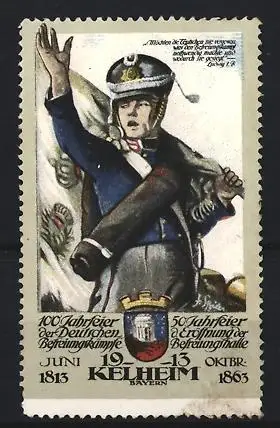 Reklamemarke Kelheim, 100 Jahre Befreiungskämpfe 1913, Soldat mit Fahne