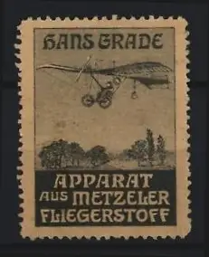 Reklamemarke Hans Grade, Apparat aus Metzeler Fliegerstoff, Flugzeug im Himmel