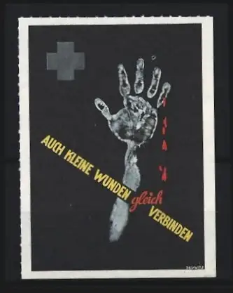 Künstler-Reklamemarke Deckwitz: Blutende Hand und Kreuz, Verband