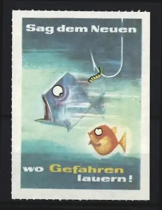 Reklamemarke Fische schauen erschrocken zu Angelhaken