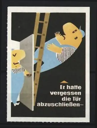 Reklamemarke Mann fällt von der Leiter als die Tür geöffnet wird
